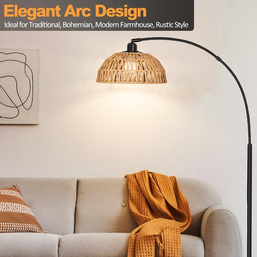 Rattan Floor Lamp- Modern Black Standing Floor Lamps with Remote Control and Stepless Dimmable Bulb, Hand-Worked Adjustable Rattan Lamp Shades Bohemian Floor Lamps for Living Room, Bedroom, Office