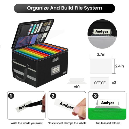 File Box with Lock, Fireproof Document Box with 10 Tab&Inserts, Collapsible File Organizer Filing Cabinet Box, Fire Proof Safe File Cabinets for Home Office Hanging Letter/Legal Folder