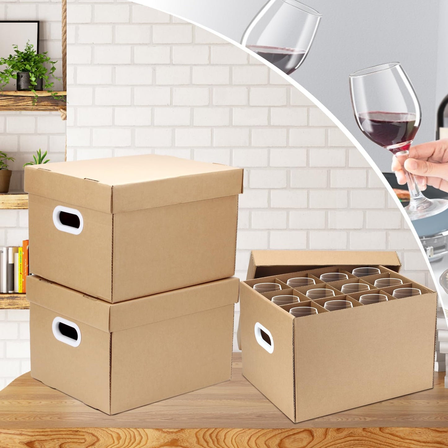 DIICCYO 2 Pack Wine Glass Moving Boxes Kitchen Moving Boxes with Handle Kitchen Kit with Lid for Dish Glassware, Glass Packing Boxes Packing Supplies for Moving, 15 x 12 x 10 Inches, Brown