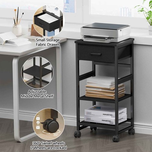Korfile Printer Stand with Storage, Small Rolling Printer Table for Home Office, 3-Tier Printer Cart with Wheels, Modern Industrial Nightstand with Drawer, Side Table for Living Room,Bedroom, Black