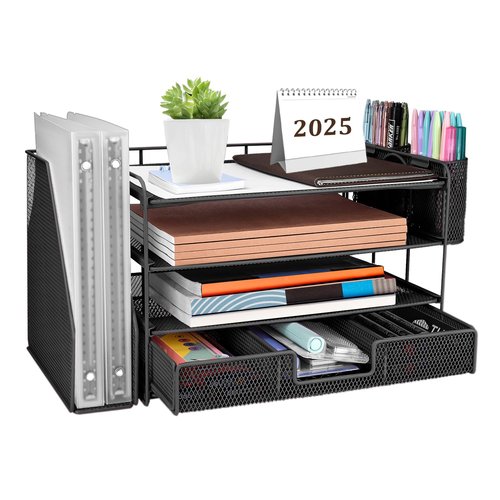 ATOMUS 4 Tier Desk Organizer, File Organizer Drawer Organizer with 2 Hanging Pen Holders Accessories & Workspace Organizers for Office Supplies Pull-Out Design (Black)