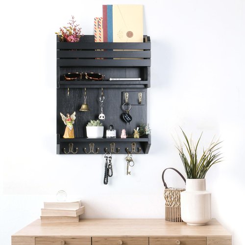 HEKFL Key Holder, Wall Mounted Mail Organizer, Keys Holder on Wall with 9 Key Hooks, Black