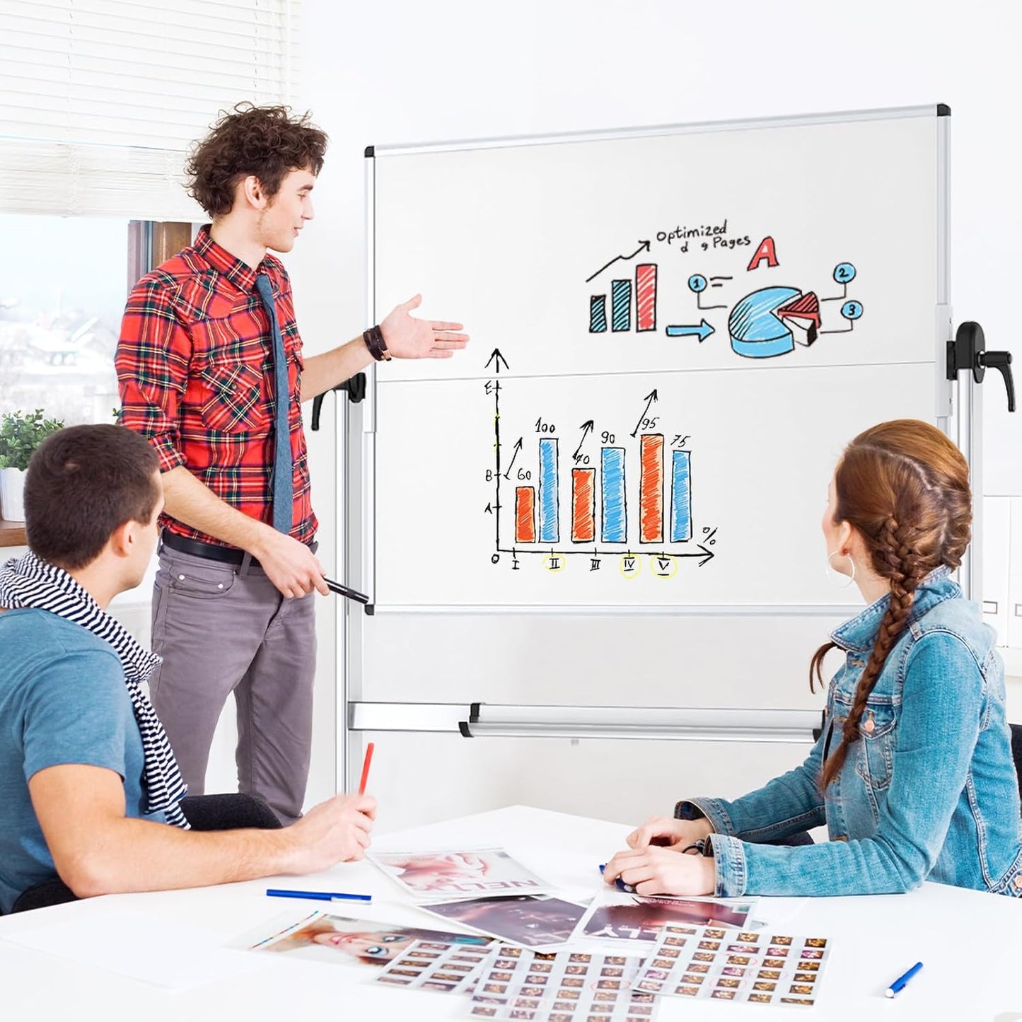 VIZ-PRO Double-Sided Mobile Whiteboard - 48 x 36 Inches Magnetic Dry Erase Board on Wheels