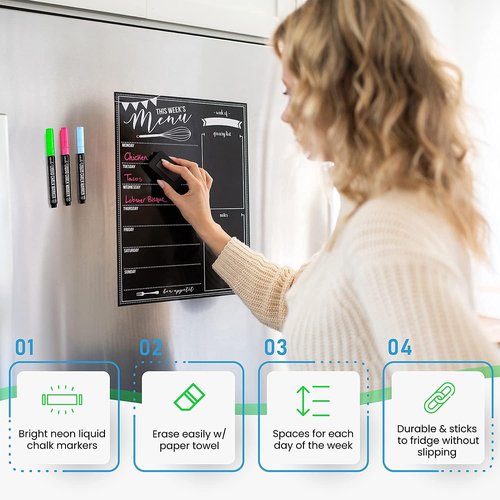 Cinch! 16x12-Inch Chalkboard Weekly Menu - Magnetic Meal Planner Board for Refrigerator - Reusable Black Menu Board with 3 Neon Liquid Chalk Markers - Weekly Food Planner for Kitchen Organization