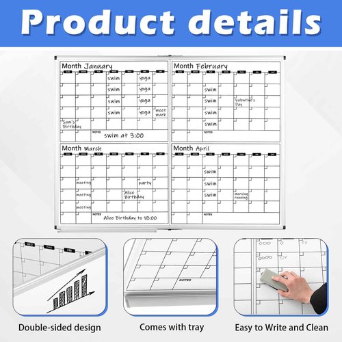 Lincia Large 48" x 36" Magnetic 4 Month Dry Erase Calendar White Board Foldable Whiteboard Calendar for Wall Mounted 2 in 1 Double Side Whiteboard with Dry Erase Board for Wall Office Home