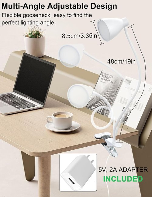 Bohon Clamp Lamp - 5 Color Modes & 10 Brightness Settings - 360° Flexible Gooseneck Desk Light | White