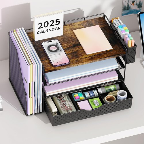 Wood Desk Organizers and Accessories with File Holder, 4-Tier Desk Accessories & Workspace Organizers with Drawer and Pen Holder, Paper Organizer for Office Supplies (Wood)