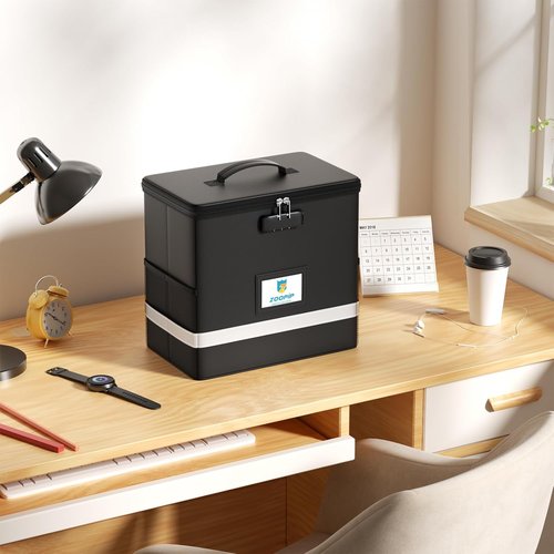 Fireproof File Box with Lock | Document Storage Organizer for Letter Size Folders | Collapsible Design, Black