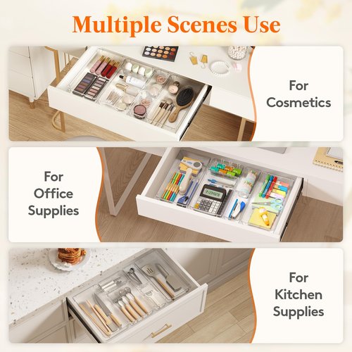 Lifewit 6 Pcs Large Bathroom Drawer Organizers, 3 Sizes Clear Plastic Storage Organizer Trays for Make Up, Kitchen Utensils, Vanity Accessories in Bathroom/Office/Dresser Organization