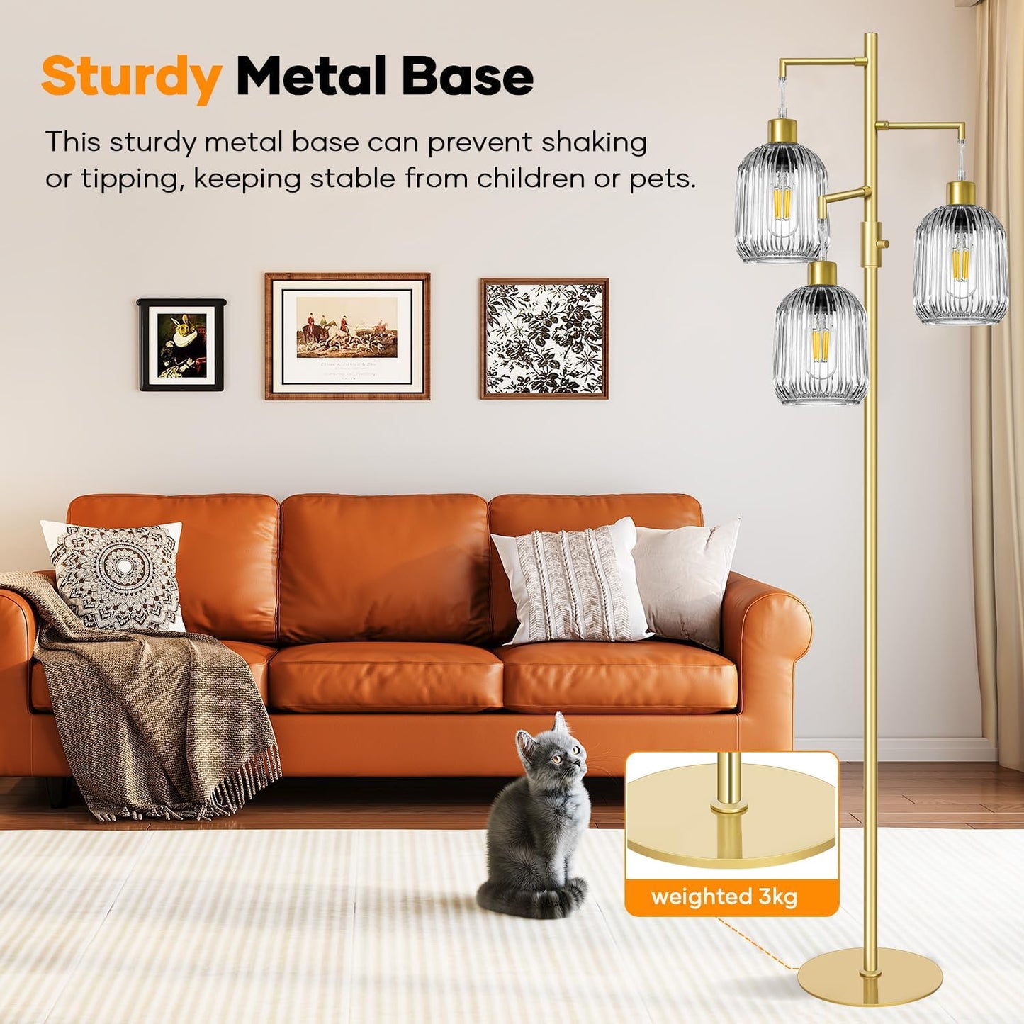 LVYE Modern Standing Lamps for Living Room, Floor Lamp with Clear Ribbed Glass Shade, Dimmable Tree Lamp Standing Lamp, Mid Century Tall Lamps with 3×600LM LED Bulbs