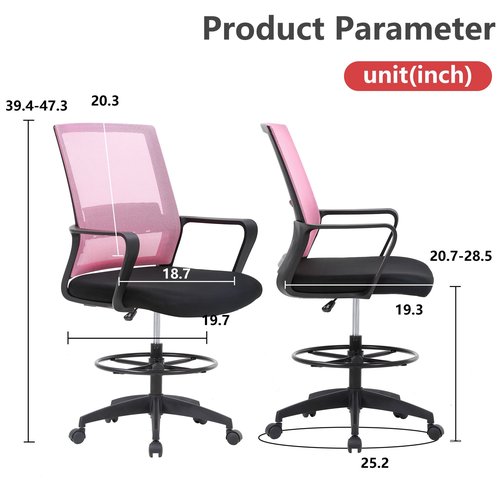 Drafting Chair Tall Office Chair Adjustable Swivel Rolling Mesh Height with Lumbar Support Arms Footrest Mid Back for Adults Standing Desk Drafting Stool(Light Pink)
