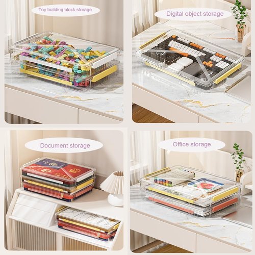 RHONZHAO 2 Pack Clear Plastic File Boxes w/Latching Lids, Stackable A4 Storage (‎White Latches, Large)