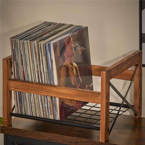 X-cosrack Vinyl Record Holder – 1 Pack Only – Fits 7"–12" Albums, Holds 50–100 Records, DVDs, or CDs – Modern Wooden Storage Stand, File Organizer Rack, Brown