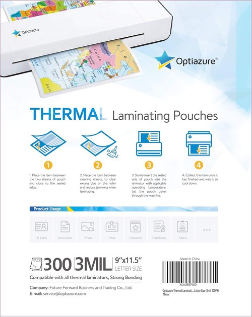 Optiazure Thermal Laminating Pouches - Clear 9"x11.5" | 3mil Thickness, 300 Pack for Letter Size Documents