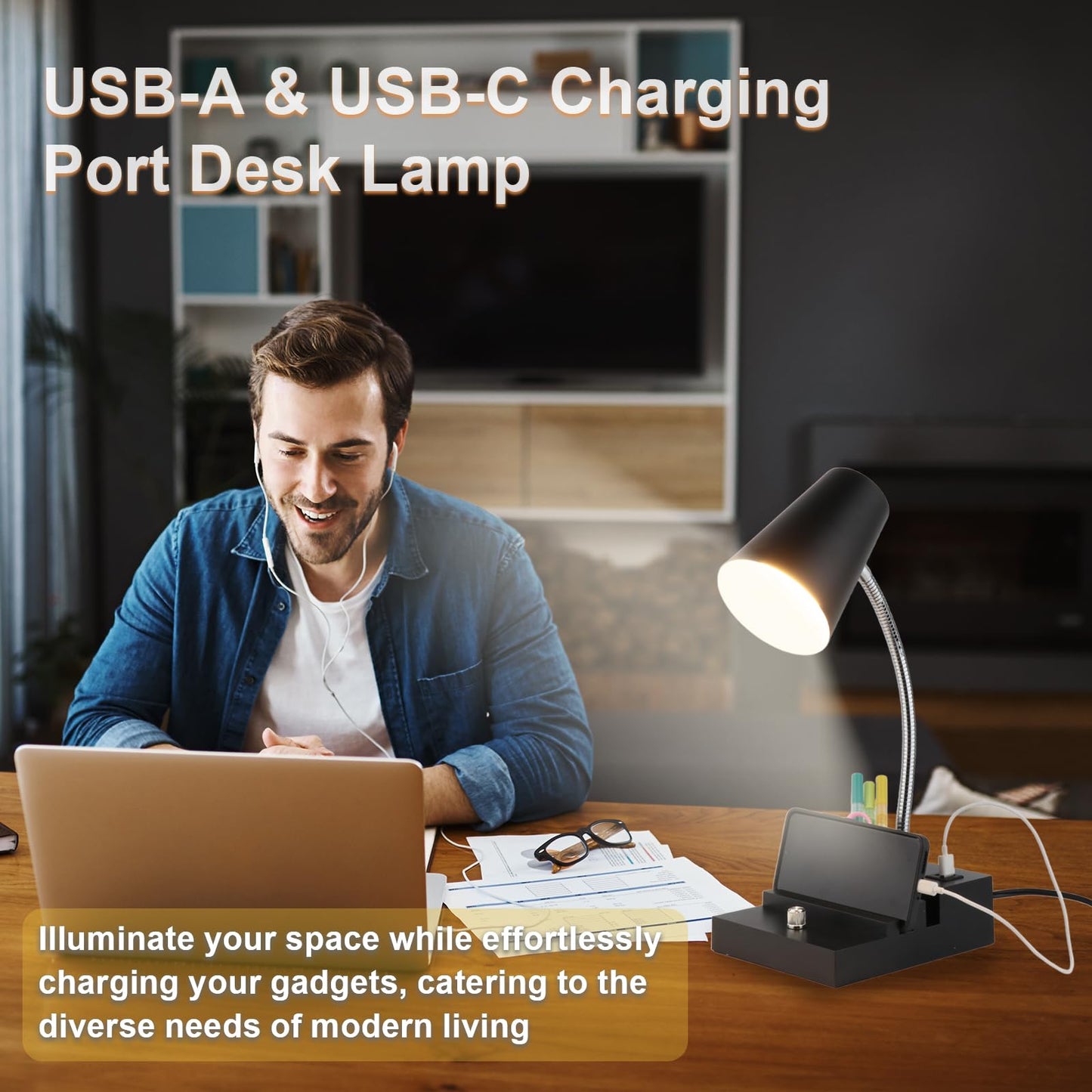 LALISU Study Desk Lamp with USB Charging and Type-C Night Light, Gooseneck LED Table Lamp Stepless Dimming Study Table Lamp with Pen Holder for College Dorm Bedroom and Office (White)