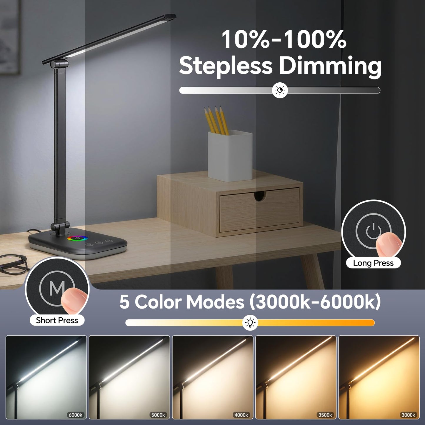 Bright LED Desk Lamp for Office Home, 10%-100% Dimmable Brightness & 5 Color, 800 Lumen Puzzle Light, Eye Caring Desk Light for Reading, Craft, Puzzl, Daily Use | USB desk lamp | 45 Min Timer | RGB