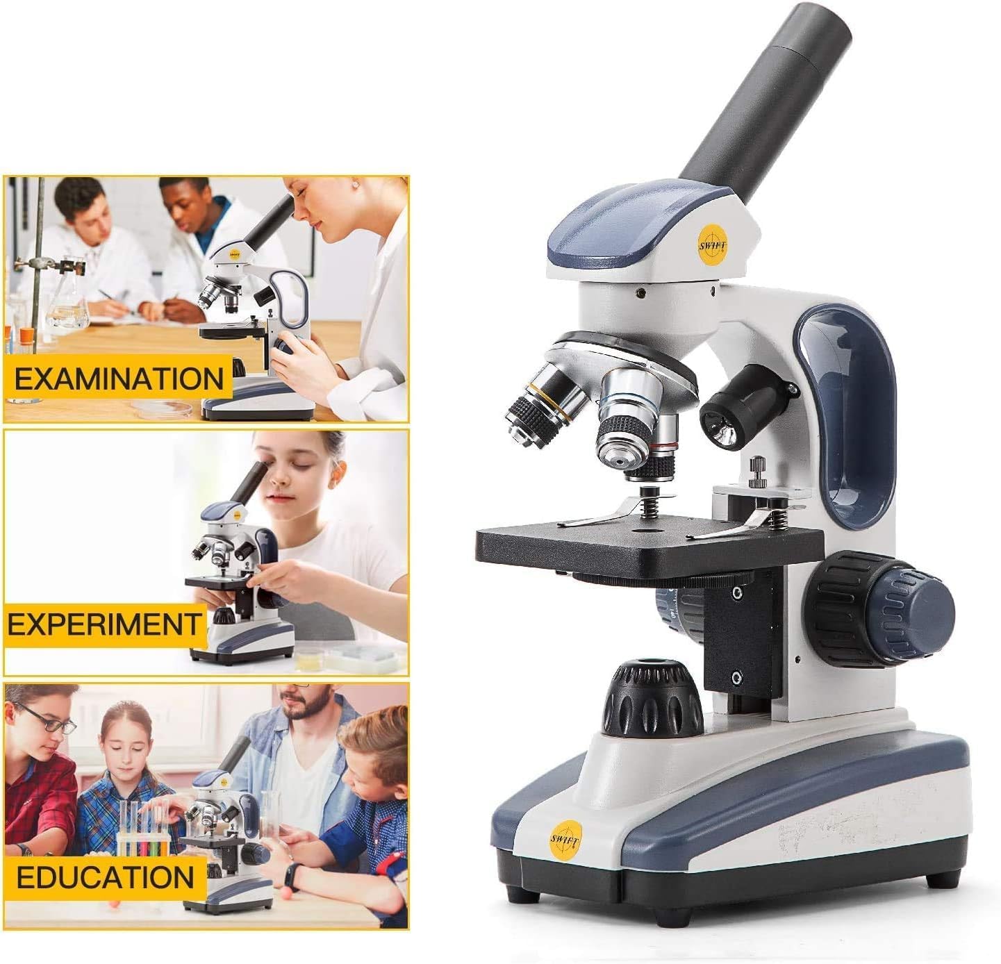 SWIFT Compound Monocular Microscope SW200DL - 40X-1000X Magnification, Dual Light & Cordless Design for Students