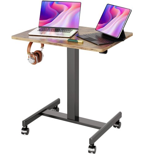 Claiks Mobile Standing Desk, Small Rolling Adjustable Desk with Wheels, Pneumatic Mobile Laptop Desks Workstation with Hook, Rustic Brown