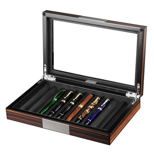 Lifomenz Co Wood Pen Box - 10 Slot Organizer With Glass Lid, Top Window Display Case for Collection Storage