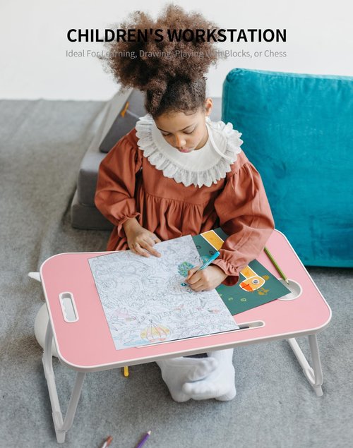 ZEAPTAC Laptop Bed Desk, Foldable Lap Table, Portable Study Table, Laptop Stand with Cup Holder & Tablet Slot & Lifting Handle for Working Writing Drawing & Eating - Pink