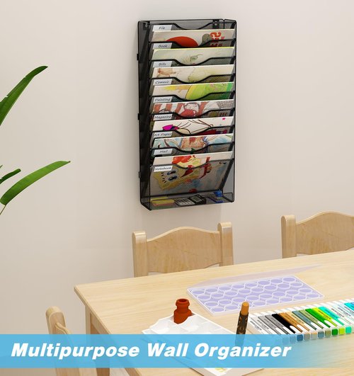Solinxe 10 Tier Wall File Organizer, Vertical Mesh Paper Mail Organizer Wall Mounted Magazine Rack, Metal Clipboard Storage for Office, Home, Classroom, Black