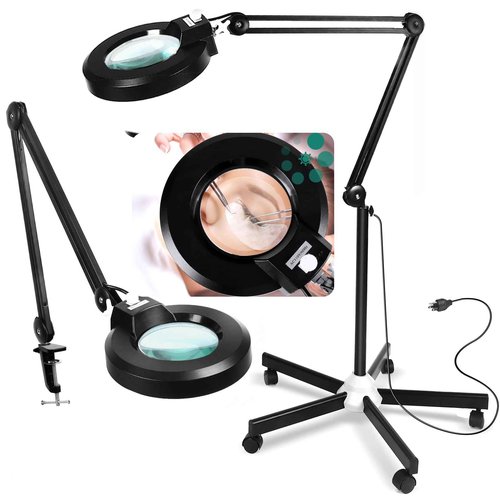 10X Magnifying Glass with Light and Stand, Floor Lamp with 5 Wheels Rolling Base for Lash Estheticians Facials, 1,500 Lumens Stepless Dimmable, LED Lighted Standing Magnifier for Sewing Crafts - Black