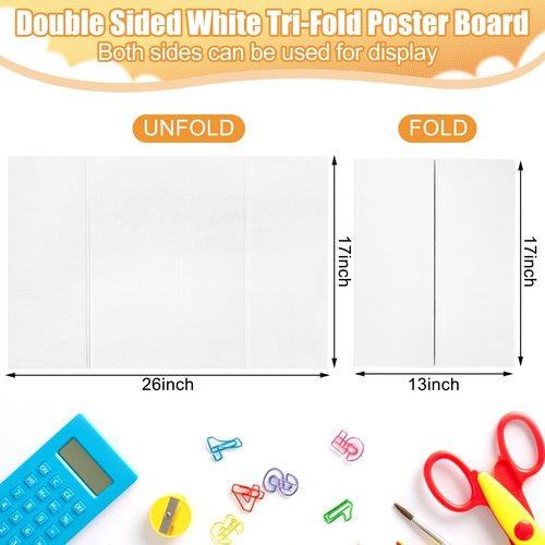 2 Pack Small Trifold Poster Board 26" x 17", white Corrugated Project Boards for Science Fairs, School Projects