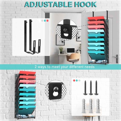 GALASALA Wall File Organizer, 10 Pockets and 6 Pockets Mesh Hanging File Organizer, Wall Mount File Holder With Hooks, Wall Organizer Magazine Rack for Office Supplies