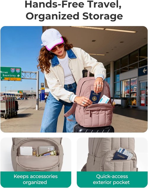 BAGSMART Women's Quilted Laptop Backpack - Water-Resistant Travel Bookbag in Puffer Rose Purple