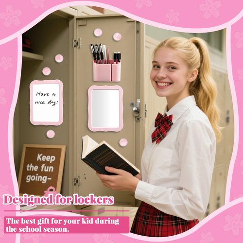 11 Pcs School Lockers Magnetic Decor Pink Locker Accessories Kit with Magnetic Mirror Whiteboard Pen Holder Buckles Lockers Organizer Decorations Locker Essentials for Girls Back to School Supplies
