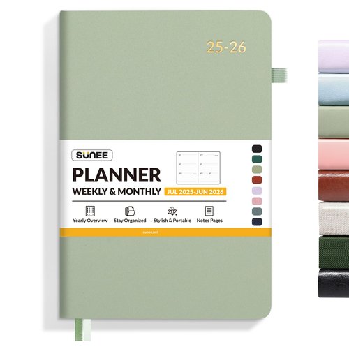 SUNEE 2025-2026 Weekly & Monthly Hardcover Planner 5.5" x 8.3" - 12 Month (July 2025 - June 2026), Small Academic Year Calendar Planner, Pocket, Notes, 100 GSM Paper, Sage Green