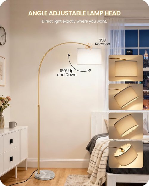 75" Arc Floor Lamp by DW15LD05 - Dimmable with Remote & Adjustable Height | Marble Base & Rotating Shade