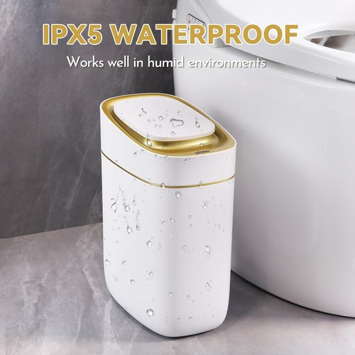 ELPHECO Automatic Bathroom Trash Can with Lid 2.5 Gallon Slim Sensor Garbage Can, 9L Narrow Plastic Trash Bin, Waterproof Motion Sensor Trash Bin for Bedroom, Living Room, Narrow Space, Golden
