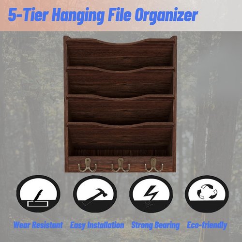 Senhoglb 5 Tier Hanging Wall File Holders Letter Size Wall File Organizer Wood Mail Organizer with 6 Hooks, Brown