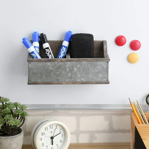 MyGift Magnetic Reclaimed Style Wood & Rustic Galvanized Metal Dry Erase Whiteboard Markers Holder Rack, Home Office Supplies Organizer Box