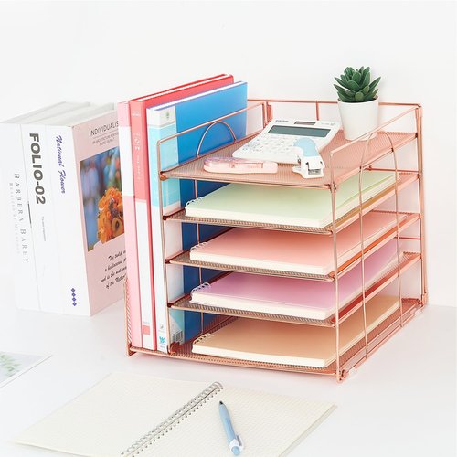 LEKETREE Desk Organizers and Accessories, 5-Tier Paper Letter Tray Organizer with File Holder, Desktop Organizer for Office Supplies, Office Desk Accessories & Workspace (Rose Gold)