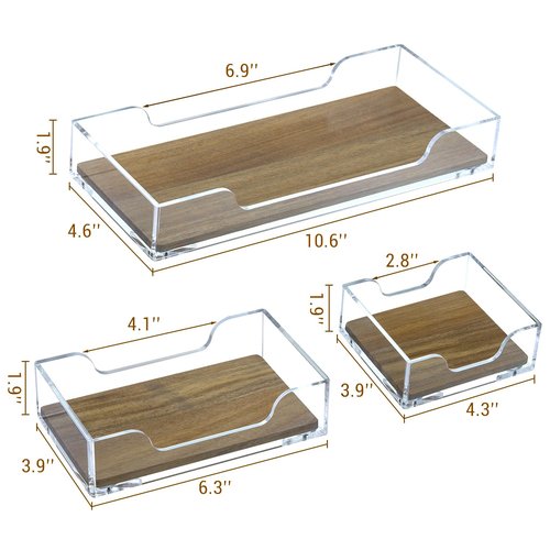 MyGift Premium Clear Acrylic and Acacia Solid Wood Desk Organizer Trays Office Stationery Holders, 3 pc Set