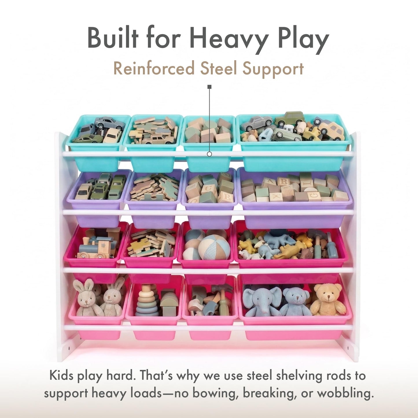 Humble Crew Toy Storage Organizer with 16 Removable Storage Bins for Kids Playroom, 4-Tier Toddler Toy Organization, White/Blue/Pink/Purple
