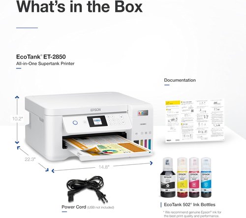 Epson EcoTank ET-2850 Wireless All-in-One Printer - Cartridge-Free, Scan & Copy, Auto 2-Sided - White