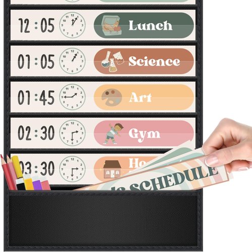 Godery Daily Schedule Pocket Chart - Boho Theme Classroom Decor for Pre-K to Grade 6 | Black