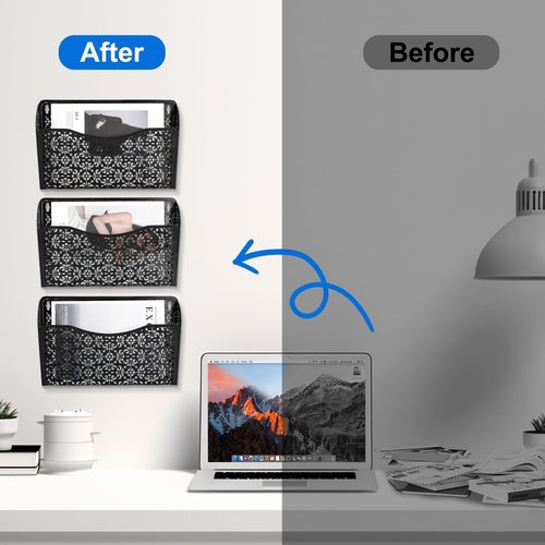 EasyPAG 3 Pack Hollow Design Wall-Mounted File Organizer - Heavy Duty Metal, Vertical Space Saving, Letter Size Single Pocket Holder for Office, Home, School, Black