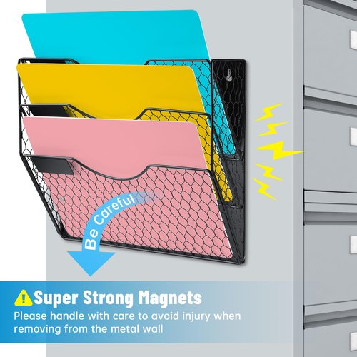 NiOffice 3-Pocket Magnetic File Organizer for Office and Home - Vertical Magazine and Mail Holder with No-Drill Mounting for Wall, Cabinet or Fridge (Black)