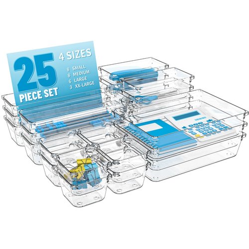 25 pc Clear Plastic Drawer Organizer Set,4 Size Small Storage Containers for Organizing Jewelry,Utensil,Junk,Tea,Makeup,Shallow Drawer Organizers Tray Suitable for Office,Desk,Bathroom,Vanity,Kitchen
