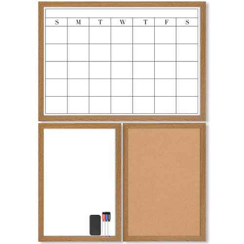 3 Pcs Rustic Weekly Planner Dry Erase Board Kit, 1 Dry Erase Calendar, 1 Linen Board, 1 Whiteboard, Wood Frame Wall Mounted Whiteboard Combo for Office, Home, School (5 Thumbtacks 3 Markers 1 Eraser)