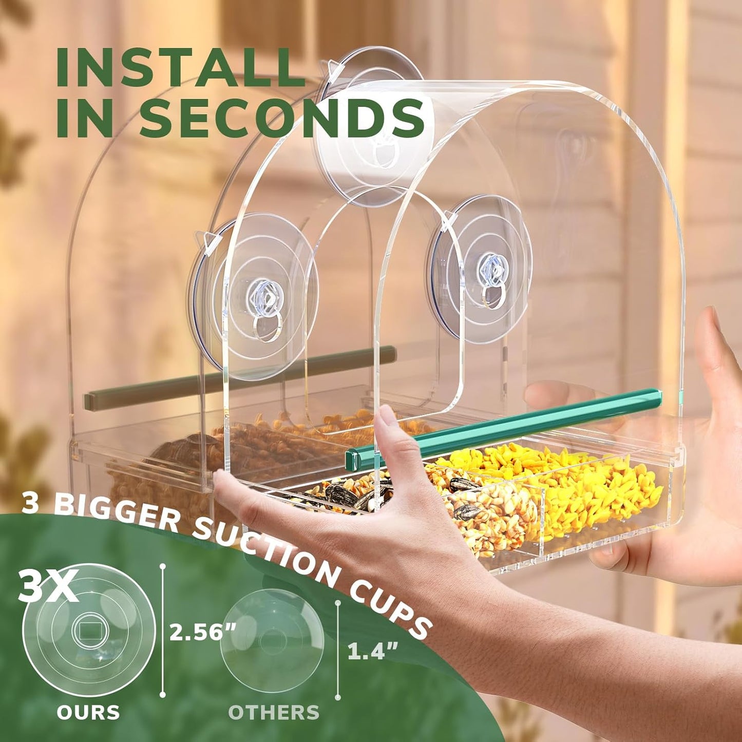 SUNALLY Window Bird Feeder - Clear Outdoor Feeder with Strong Suction Cups | Perfect for Hummingbirds, Orioles, and Finches