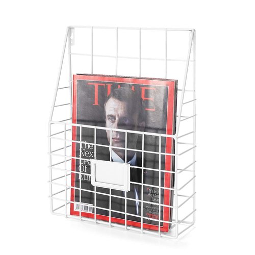 Flexzion Wall Mounted Magazine File Rack Organizer for Entryway Mail Office Kitchen Bathroom Home Basket Bin Decor Metal Wire Shelves Storage for A4 Documents Tablest DMs Comic Books Recipes, White