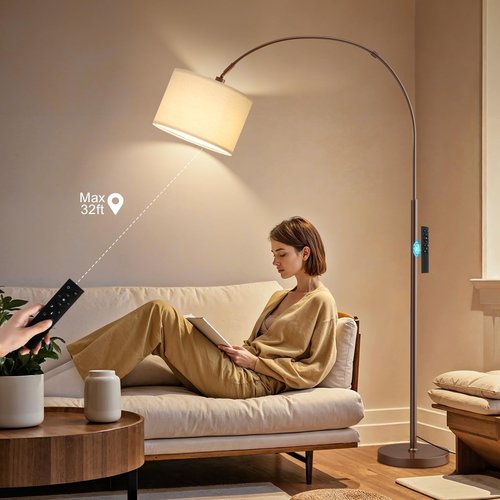 Ambimall 70" Dimmable Arc Floor Lamp with Remote, Color Temperatures and Brightness Adjustable, Arched Floor Lamp with Rotating Head, Over Couch Arched Reading Light for Living Room (Beige and Brown)