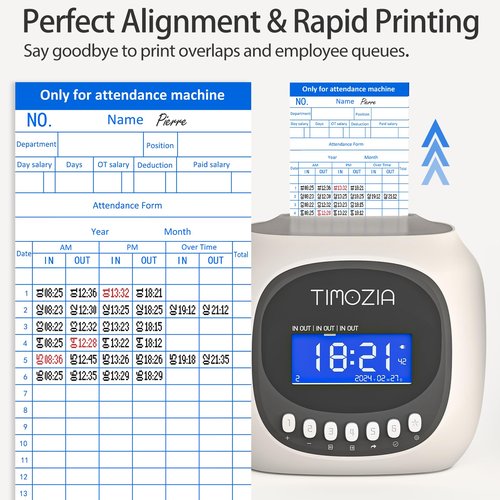 TIMOZIA Time Clocks for Employees Small Business, Auto-Align Time Clock, 6 Punches per Day Time Machine, Clock in Machine for Employees with 100 Time Cards, 2 Ink Ribbons and 4 Racks(Military time)
