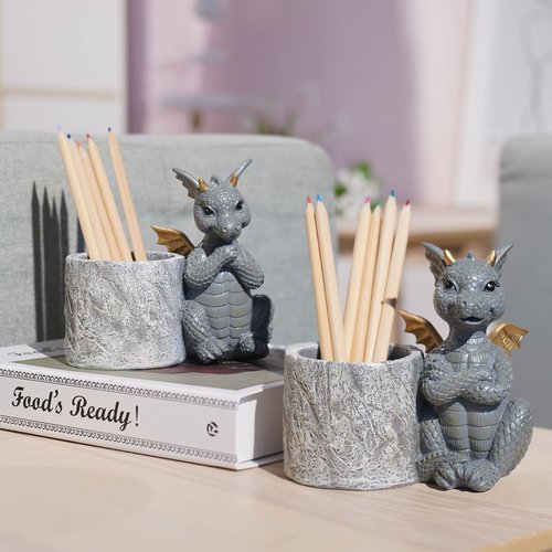 Guichifun Dragon Pen Holders Home Décor - Set of 2 Dragon Vase Decor Figurines Pen Holder for Desk Cute Fashion Desk Organizers and Accessories Office Idea Gift for Women and Kids 5 x 3 x 4.5 Inch