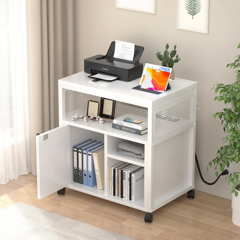 Unikito Rolling File Cabinet Lateral Office Filing Cabinets with Socket and USB Charging Port, Modern Printer Stand on Wheels, Printer Cabinet with Door and Open Storage, Lockable, White
